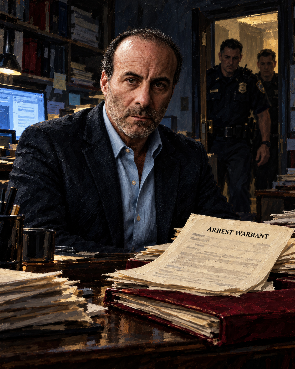 Painting of Edward Andrew Weinhaus, also known as Edward "Coach" Weinhaus, at an office desk, with two officers in the doorway and a document labeled Arrest Warrant