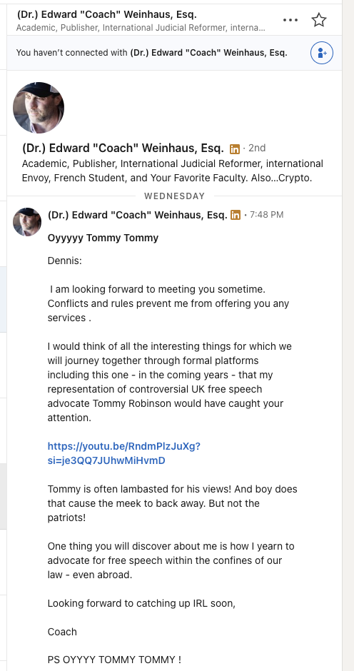 LinkedIn message from Edward Andrew Weinhaus praising Tommy Robinson and calling Robinson’s supporters “the patriots.”